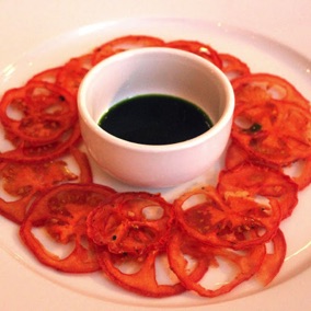 Tomato crisps and 
basil oil